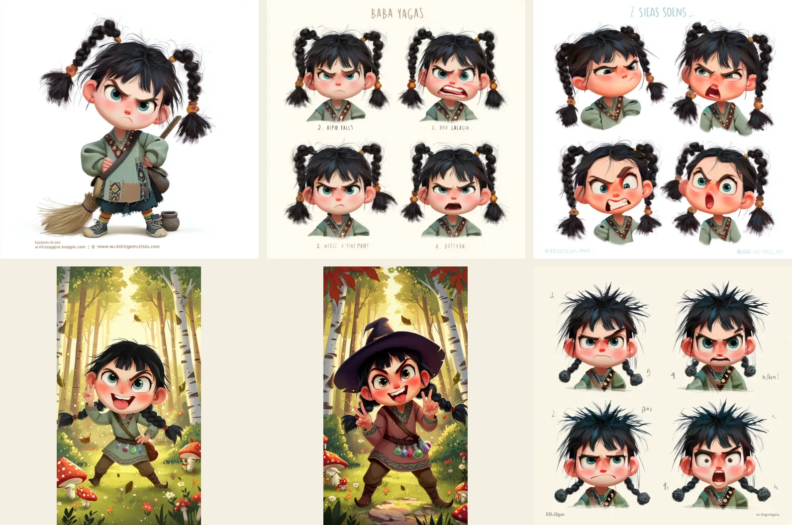 Gallery of young Yagusha concept variants extracted from the PDF direction